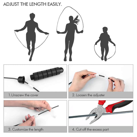 Tangle Free Rapid Speed Jump Rope With Ball Bearings And Steel Cable, adjustable length steps, showing foam handles and wire cut