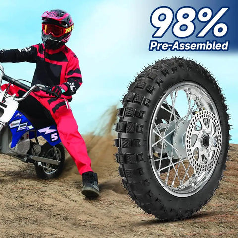 Rear Wheel Assembly For Razor MX500 MX650 SX500 Mini Dirt Rocket Bike With 2.50 By 10 Tires, showcased beside a biker on dirt track.
