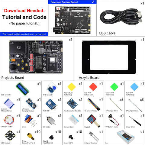 Projects Kit With Control Board V4 For Arduino IDE, 238 Page Detailed Tutorials, 46 Projects showing board, cable, components