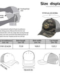 Size chart for No Crying On The Yacht Trucker Hat For Women Funny Summer Cap with camo design and mesh ventilation.