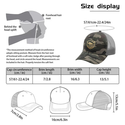 Size chart for No Crying On The Yacht Trucker Hat For Women Funny Summer Cap with camo design and mesh ventilation.
