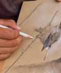 Artist using White Charcoal Pencils Drawing Set, Go To Pro Grade 6 Piece Sketch Kit for highlights on bird sketch on brown paper