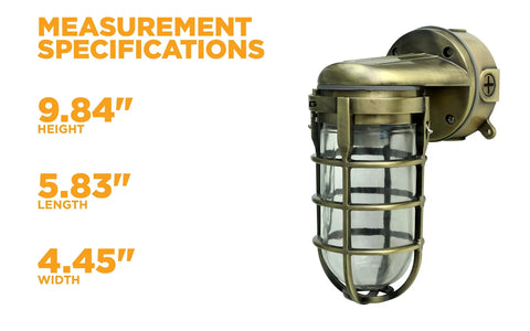 Industrial 100W Incandescent Wall Mount Light in Antique Brass, Built Tough Weatherproof Metal Die Cast Construction With Tempered Glass Lens And Protective Cage, Indoor Outdoor Lighting Fixture For Dwellings Shops And Patios
