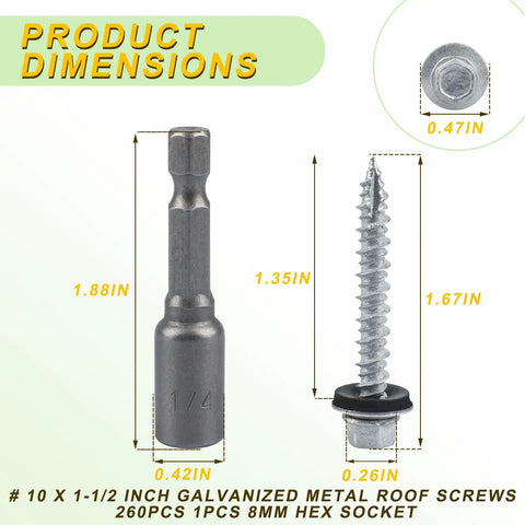 Size 10 X 1-1/2 Inch Metal Roofing Screws 260 Pack Hex Drive Self Tapping Fasteners With Rustproof Coating Tough As Nails For No Sweat Outdoor Construction Jobs