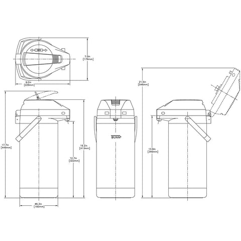 Technical drawing of 3.8 Liter Stainless Steel Airpot Carafe For Coffee Service, showing dimensions and design features.