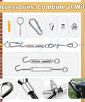 1/16 Inch Black Vinyl Coated Stainless Steel Wire Rope Kit, 200 Ft, 304 Stainless, 7x7 Strand Core, DIY Ready With M5 Turnbuckles And All Hardware For String Lights, Picture Hanging, Clothesline, Curtain, And Plant Trellis. Accessories and tool details shown with various connections for outdoor setup.