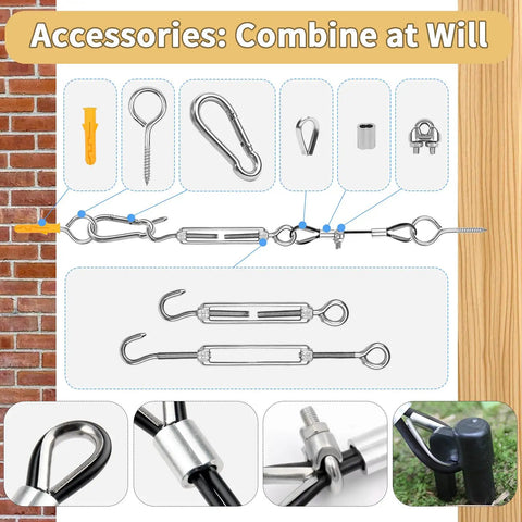 1/16 Inch Black Vinyl Coated Stainless Steel Wire Rope Kit, 200 Ft, 304 Stainless, 7x7 Strand Core, DIY Ready With M5 Turnbuckles And All Hardware For String Lights, Picture Hanging, Clothesline, Curtain, And Plant Trellis. Accessories and tool details shown with various connections for outdoor setup.