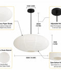 20 Inch Oval Paper Lantern Pendant Light White Rice Paper Ceiling Lamp Japanese Style with adjustable height and wavy shade design.