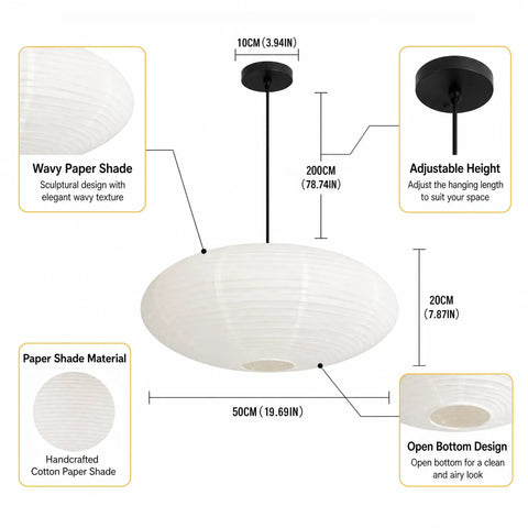 20 Inch Oval Paper Lantern Pendant Light White Rice Paper Ceiling Lamp Japanese Style with adjustable height and wavy shade design.