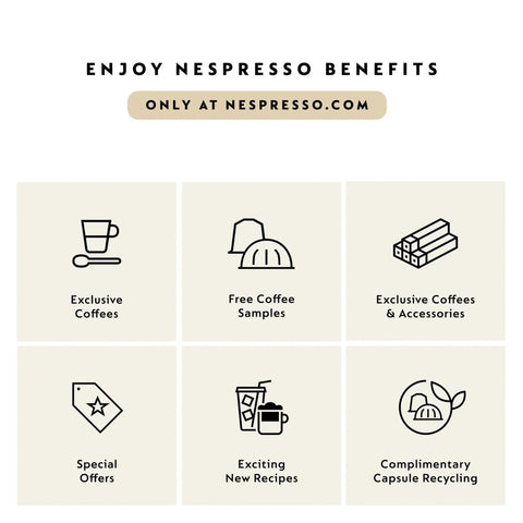 Enjoy Nespresso benefits including exclusive coffees, samples, special offers, and capsule recycling, only at nespresso.com