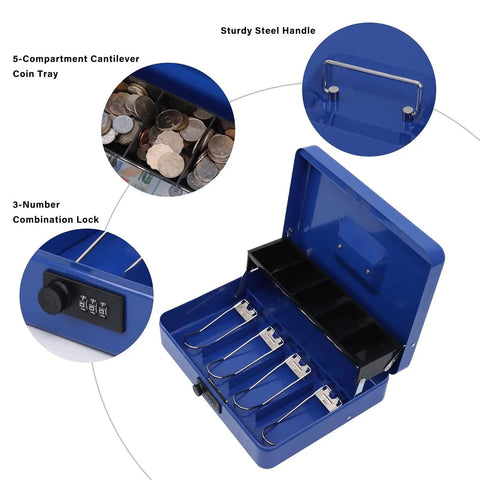 Premium Metal Cash Box With Tray And Killer Combination Lock, blue with visible 4 bill slots and 5 coin slots, open view