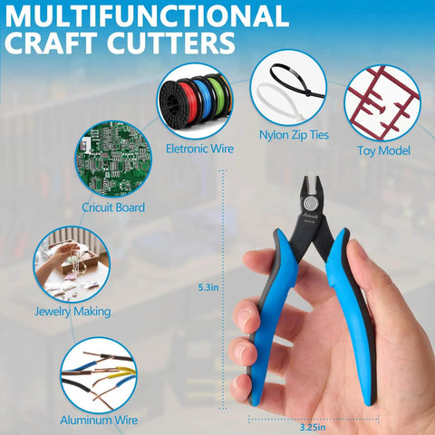 Person holding Ultra Sharp Flush Cutters Set 3 Pack 5.3 Inch Diagonal Cutting Pliers with blue handles for DIY crafting.