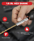 Hand holding 1/8 inch hex shank from 13 Piece Titanium Coated HSS Drill Bit Set With 1 Eighth Inch Twist Hex Shank Pro Grade Quick Change