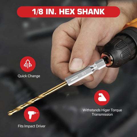 Hand holding 1/8 inch hex shank from 13 Piece Titanium Coated HSS Drill Bit Set With 1 Eighth Inch Twist Hex Shank Pro Grade Quick Change