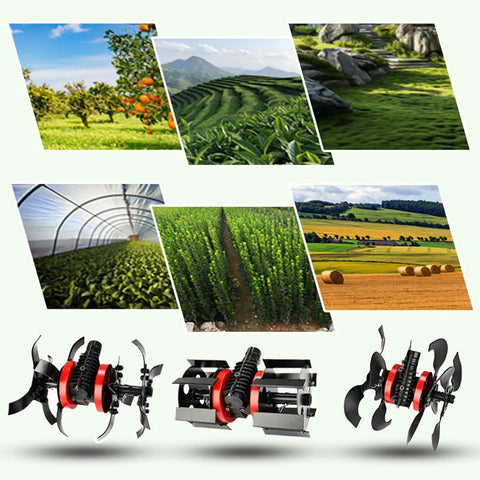 Nine Teeth Disc Harrow for Grass Mower Tiller Scarifier Attachments, showing aluminum alloy plow wheels in different agricultural settings.