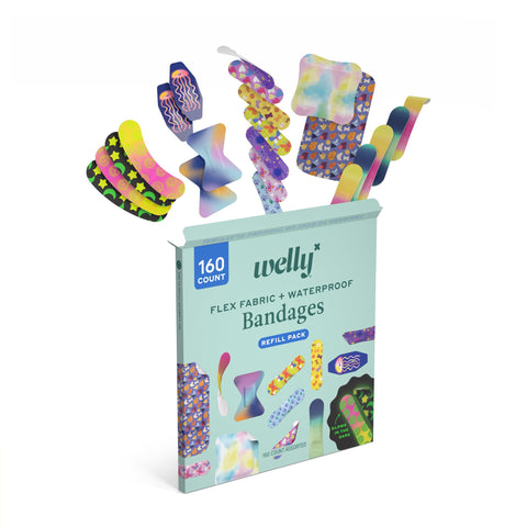 160 Count Refill Pack Of Flex Fabric Bandages With Waterproof And Glow In The Dark Options, Kid Friendly And Go-To For Minor Cuts Scrapes And Wounds, Includes 27 Glow In The Dark, 60 Small, 27 Standard Flex, And 21 Waterproof Bandages box with colorful bandages