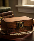 Wooden box with 6 piece antique bronze latch and hinges set with screws for jewelry boxes and small cabinets, front view