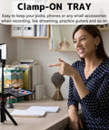 Woman in home studio with Crab Clamp Microphone Stand Tray For Home Studio Gear Storage, large 10.6 by 7.8 inch shelf