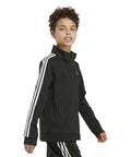 Kid wearing Kids Zip Front Iconic Tricot Jacket With Stripes Down Sleeves Full Zip With Front Welt Pockets Rib Cuffs And Hem Embroidered Logo On Chest Black X Large Everyday Sporty Vibe For Active Boys
