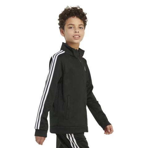 Kid wearing Kids Zip Front Iconic Tricot Jacket With Stripes Down Sleeves Full Zip With Front Welt Pockets Rib Cuffs And Hem Embroidered Logo On Chest Black X Large Everyday Sporty Vibe For Active Boys