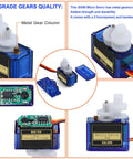 Details of Six Pack SG90 9G Micro Servo Motors for RC projects, showing gear columns and circuitry, MG90S compatible