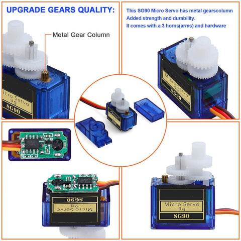 Details of Six Pack SG90 9G Micro Servo Motors for RC projects, showing gear columns and circuitry, MG90S compatible