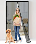 Woman with groceries and dog through Magnetic Screen Door 36x82 Fits 38x83, Hands Free Bug Barrier For Pets