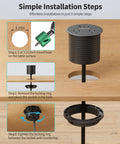 Dual Sided Desk Grommet Power Strip With Four AC Outlets And Three USB Ports Including Two Type C Connectors installation steps visual guide.