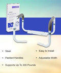 Heavy Duty White Steel Toilet Safety Rail Bathroom Grab Bar With Adjustable Width Support Frame Easy Peasy Install with padded grips.