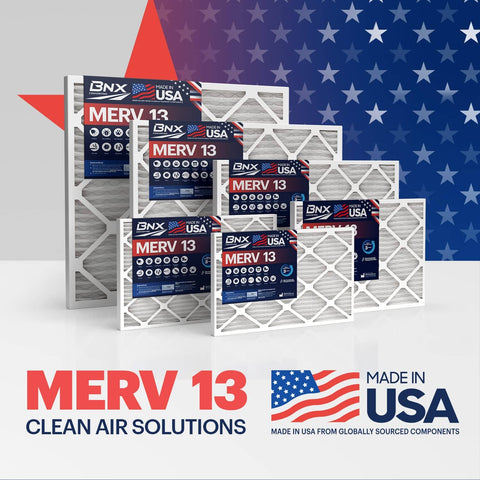 20x25x1 Air Filter MERV 13 Six Pack Made In USA Electrostatic Pleated HVAC Filter display with USA flag background
