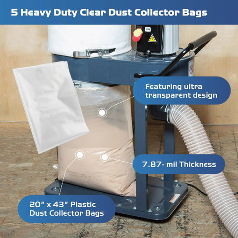 Tough As Nails Dust Collector Bag Kit with 20x43 inch clear vacuum bags on dust collection system, showing ultra transparent design.