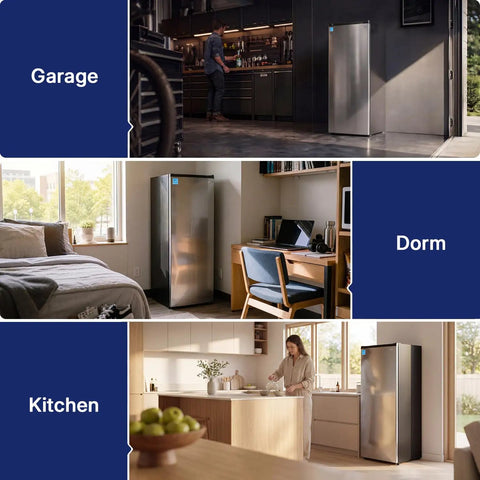 Your Go To Kitchen Game Changer 7 Cubic Foot Convertible Upright Freezer And Refrigerator In Silver in garage, dorm, and kitchen settings.