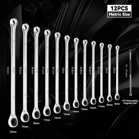 Extra Long 12 Piece Metric Ratchet Wrench Set 8-22mm With Double Box End And Magnetic Pickup Tool, Perfect Auto Repair Gear For Dudes, Great Gift For Men, Stocking Stuffers For Christmas Birthday