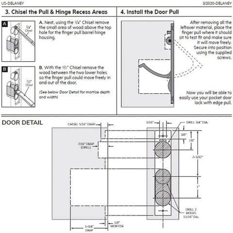 Installation guide for Contemporary Privacy Pocket Door Lock Kit with Square Flush Pulls showing chisel and door pull steps