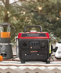 Ultralight 1200W 2 Stroke Portable Generator for camping and outdoor adventures with blender and toaster on table