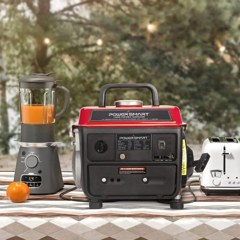 Ultralight 1200W 2 Stroke Portable Generator for camping and outdoor adventures with blender and toaster on table