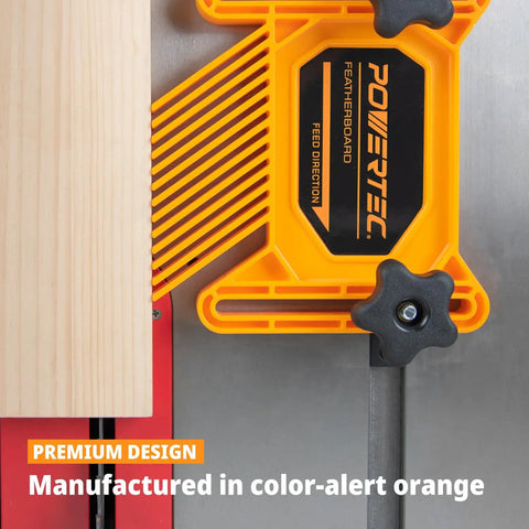 Close-up of Feather Board Set For Table Saw, Router Table, And Bandsaw, 4 Piece Combo Kit with orange featherboard installed.