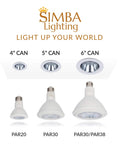 Image showing PAR20, PAR30, and PAR30/PAR38 bulb sizes for recessed cans, including Ultra Bright 6W LED PAR20 Spotlight Bulb 38 Degree Dimmable.