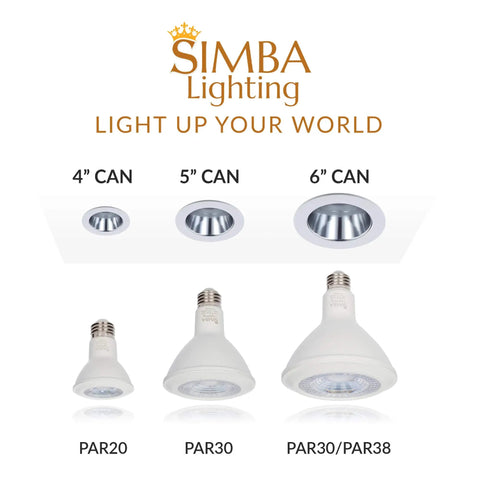 Image showing PAR20, PAR30, and PAR30/PAR38 bulb sizes for recessed cans, including Ultra Bright 6W LED PAR20 Spotlight Bulb 38 Degree Dimmable.