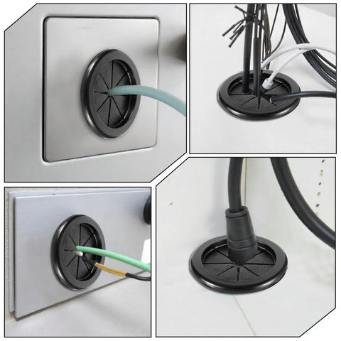 4 Pack Heavy Duty Rubber Grommets For Wiring, 2 Inch Black Firewall Plug Insert, shown on various surfaces with wires.