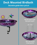 Premium Heavy Duty Deck Mounted Bird Bath With Secure Detachable Clamp For Railings Balconies No Sweat Installation Rock Solid Iron Basin Weather Resistant Rust Proof Outdoor Backyard Living Essential with purple bowl and flower decoration.