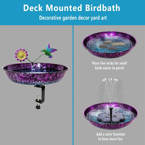Premium Heavy Duty Deck Mounted Bird Bath With Secure Detachable Clamp For Railings Balconies No Sweat Installation Rock Solid Iron Basin Weather Resistant Rust Proof Outdoor Backyard Living Essential with purple bowl and flower decoration.