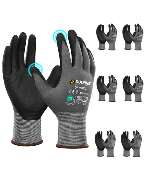 Six Pairs Pack Micro Foam Nitrile Coated Work Gloves With Seamless Knit Nylon Black Micro Foam Nitrile Grip for various uses