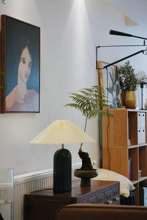 Cream Ceramic Table Lamp With Fabric Lampshade, Modern Retro Vibe For Living Room or Study, on wooden cabinet.