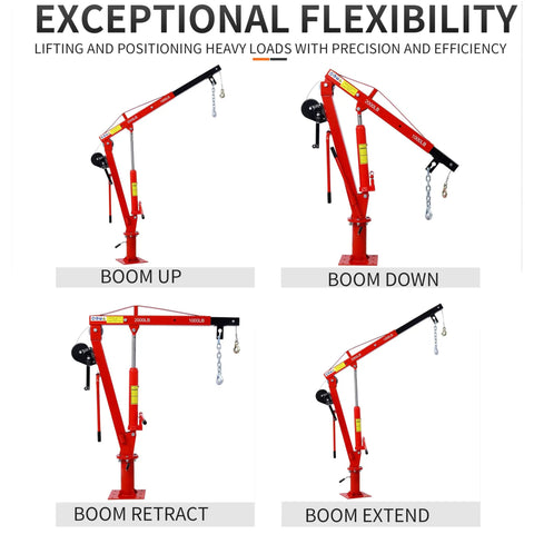 Built Tough Steel Truck Crane and Bed Hoist with Hand Winch for Pickup Trucks Beast Mode Hydraulic Extendable Boom 360 Degree Rotate Red in various positions.