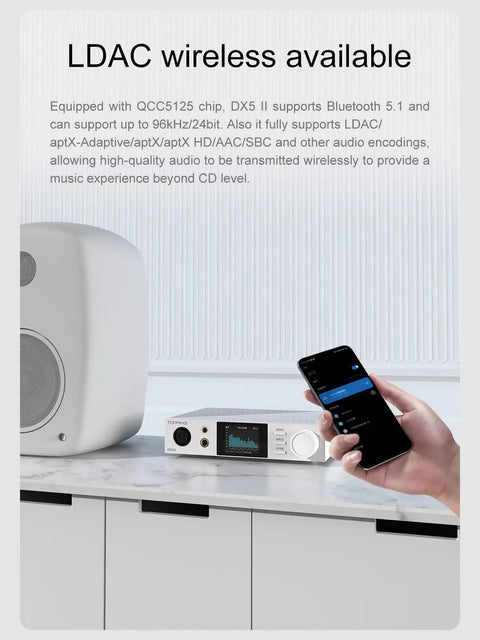 Person using smartphone with Hi Res DAC And Headphone Amp Bundle With Dual ES9039Q2M Chips, X Hybrid Amplifier, on a desk