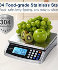 Beefy 110 Pound Food Scale With Price Computing for Kitchen Cooking and Industry, displaying fruits on 304 stainless steel surface