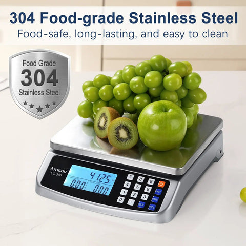 Beefy 110 Pound Food Scale With Price Computing for Kitchen Cooking and Industry, displaying fruits on 304 stainless steel surface
