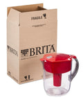 Red 10 Cup Water Filter Pitcher For Tap Water BPA Free Lasts About 2 Months Per Filter Easy Pour Design beside a cardboard box