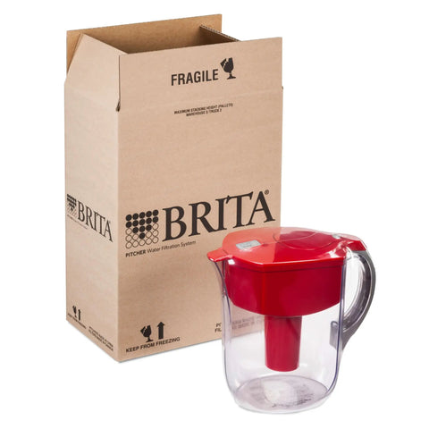 Red 10 Cup Water Filter Pitcher For Tap Water BPA Free Lasts About 2 Months Per Filter Easy Pour Design beside a cardboard box